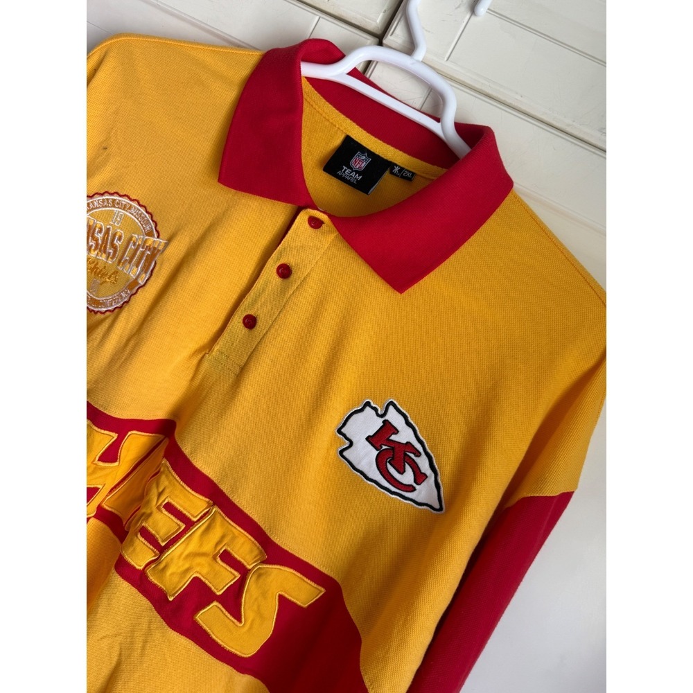 NFL Team Apparel Kansas City Chiefs Long Sleeve Polo Shirt Gold Red Mens 2XL
